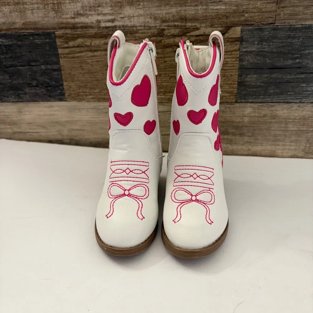 Stepping Stones Toddler Girls White Pink Heart Cowboy Western Boots Size 5